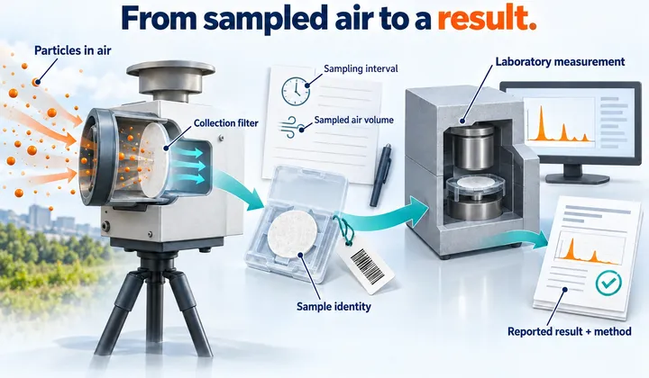 Illustrated path from a particulate air sampler and labelled filter to laboratory measurement and a documented concentration result, preserving sample identity and volume.