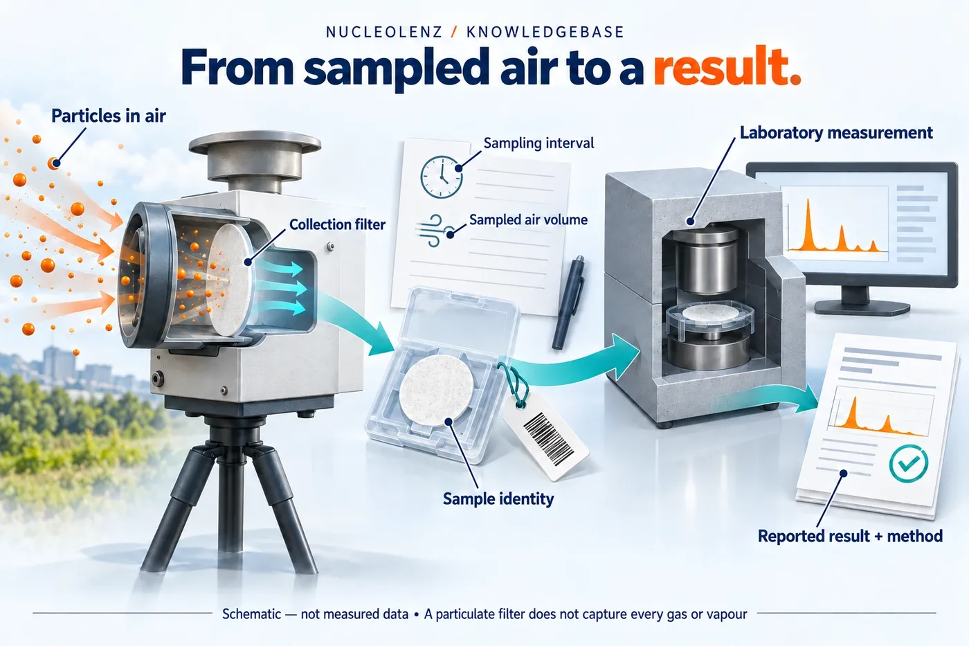 Illustrated path from a particulate air sampler and labelled filter to laboratory measurement and a documented concentration result, preserving sample identity and volume.