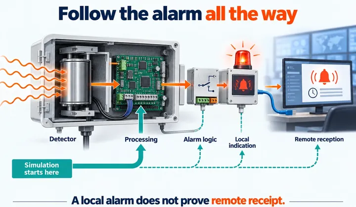 Cutaway showing a gamma detector, processing board, alarm logic, local indicator and remote reception, with a downstream simulation path.