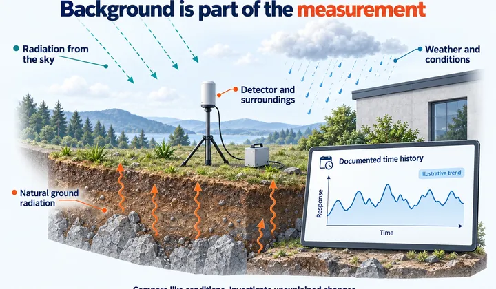 An outdoor detector stands above natural soil and rock beneath a sky with schematic incoming radiation paths; a nearby record links observations to weather, setup and time.
