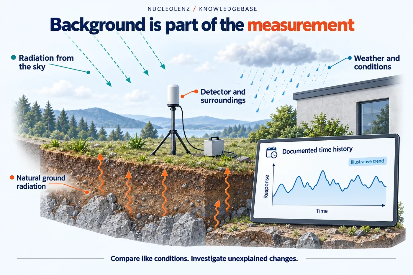 An outdoor detector stands above natural soil and rock beneath a sky with schematic incoming radiation paths; a nearby record links observations to weather, setup and time.