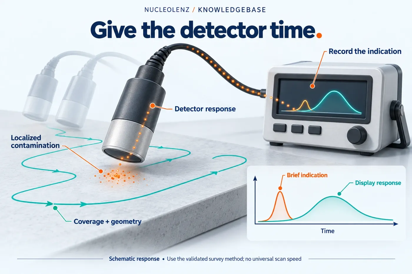 A contamination survey probe above a marked surface, with an illustrated scan path and a schematic showing the delay between an indication and displayed response.