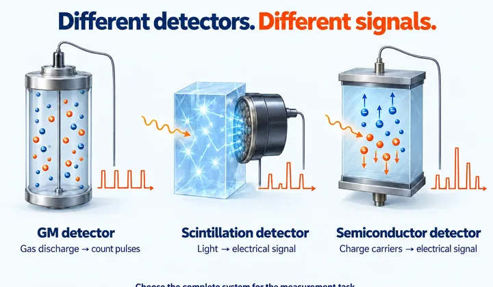 Conceptual cutaways show a gas-filled GM tube producing count pulses, a scintillator producing light read by a sensor, and a semiconductor collecting charge carriers.