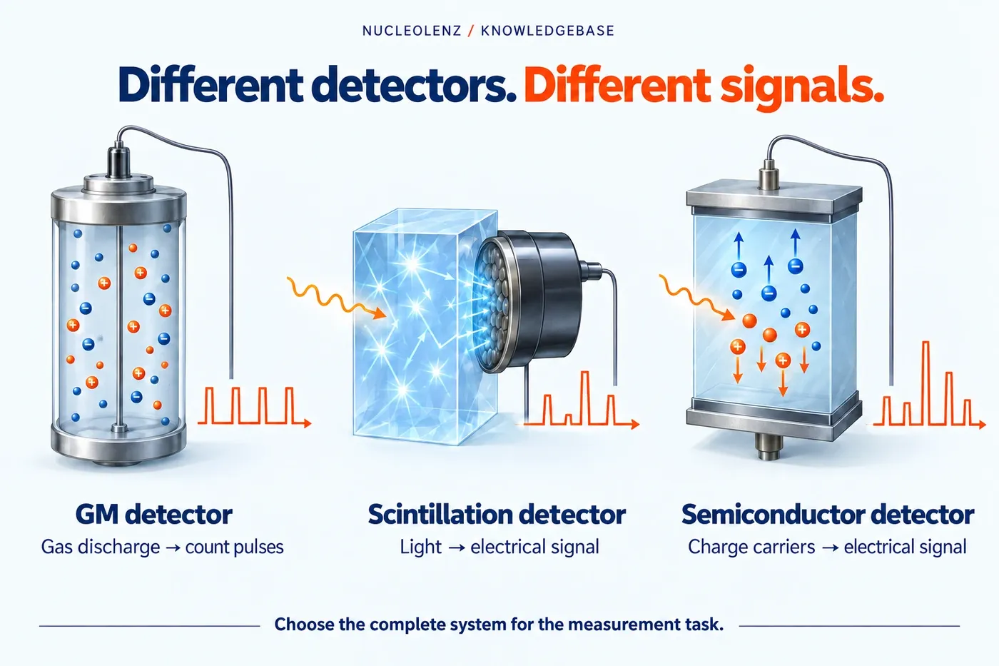 Conceptual cutaways show a gas-filled GM tube producing count pulses, a scintillator producing light read by a sensor, and a semiconductor collecting charge carriers.