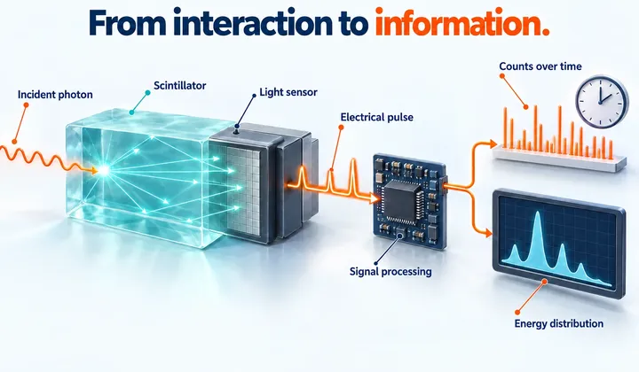 Cutaway of a conceptual scintillation detector showing a photon interaction, light, sensor, electronics and processing branches for counting and spectroscopy.