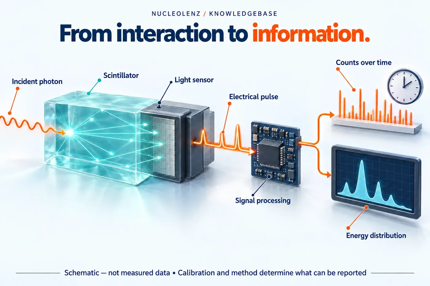 Cutaway of a conceptual scintillation detector showing a photon interaction, light, sensor, electronics and processing branches for counting and spectroscopy.