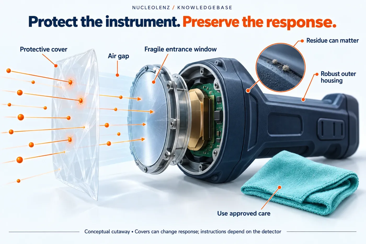 A detailed cutaway showing a detector’s outer housing, fragile entrance window, air gap and protective cover, with the radiation path kept distinct from cleaning surfaces.