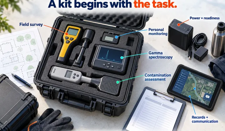 Open equipment case with distinct field meter, personal dosimeter, gamma spectrometer and contamination probe, accompanied by power, records and communication tools.