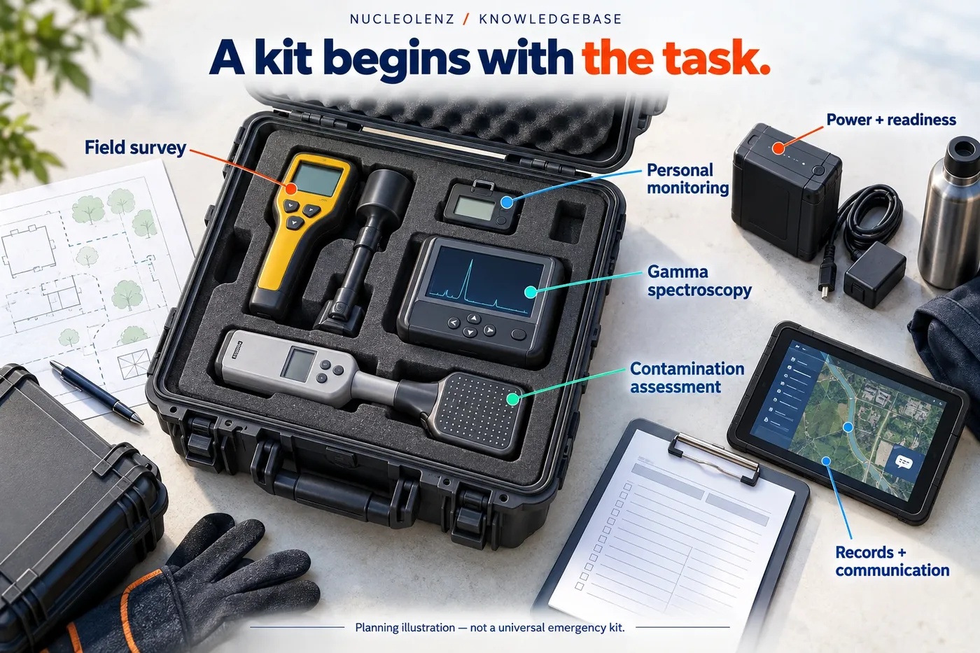 Open equipment case with distinct field meter, personal dosimeter, gamma spectrometer and contamination probe, accompanied by power, records and communication tools.