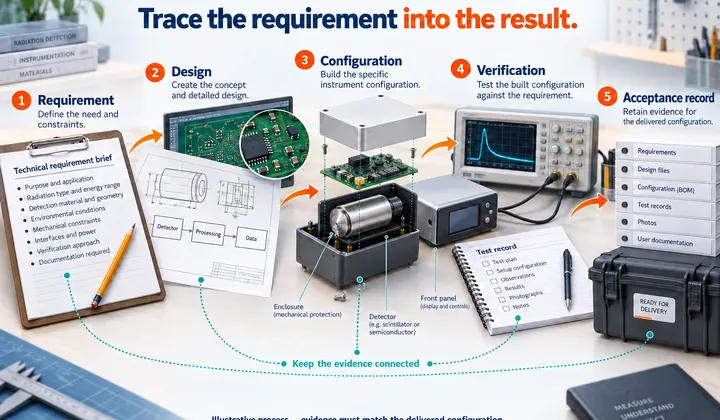 Engineering workbench journey connecting a requirement brief, schematic, exploded instrument configuration, verification setup and retained acceptance evidence.