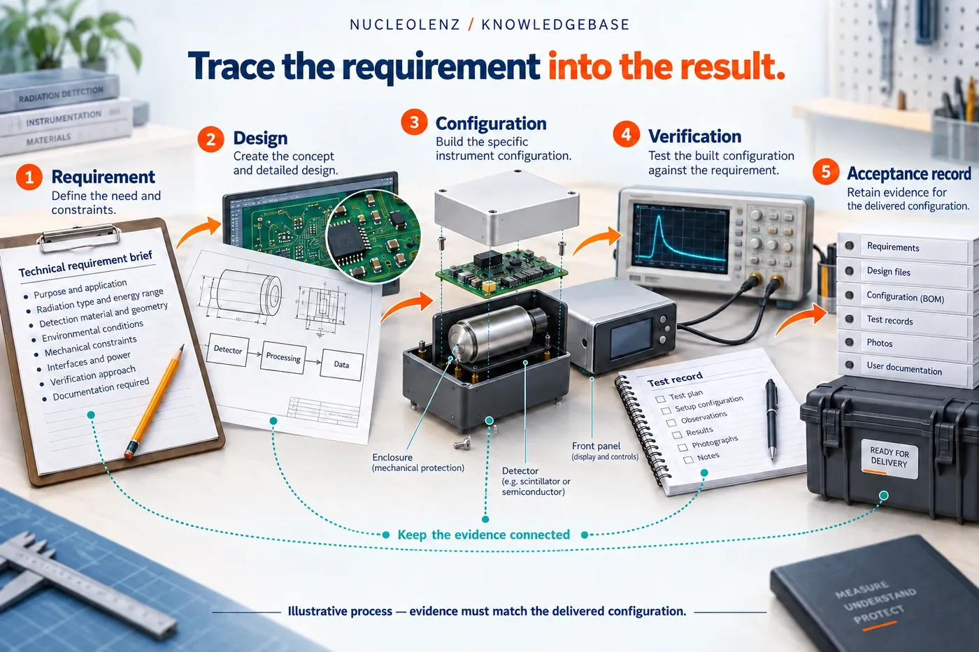 Engineering workbench journey connecting a requirement brief, schematic, exploded instrument configuration, verification setup and retained acceptance evidence.