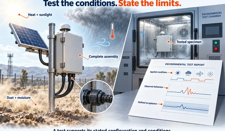Outdoor monitor exposed to conceptual heat, dust and rain beside a test chamber and an illustrated report linking specimen, conditions, observations and acceptance.