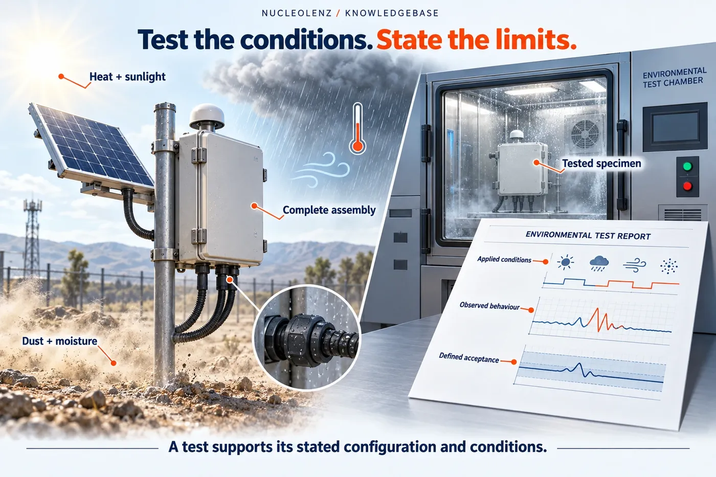 Outdoor monitor exposed to conceptual heat, dust and rain beside a test chamber and an illustrated report linking specimen, conditions, observations and acceptance.