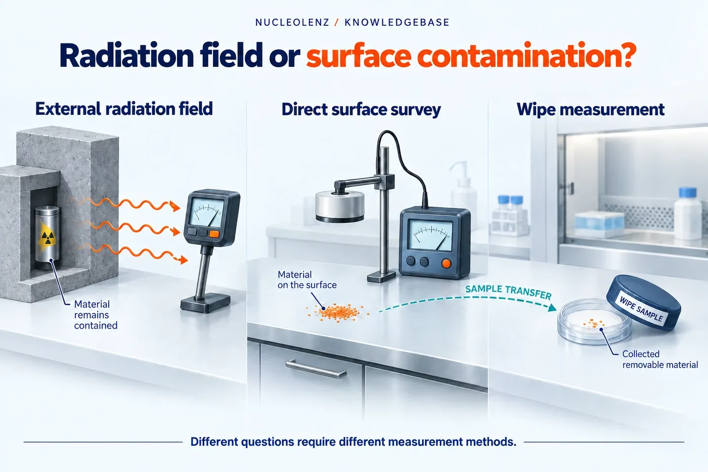 Illustrated comparison of an intact sealed source creating an external field, a contaminated bench under a surface probe, and a collected wipe sample.
