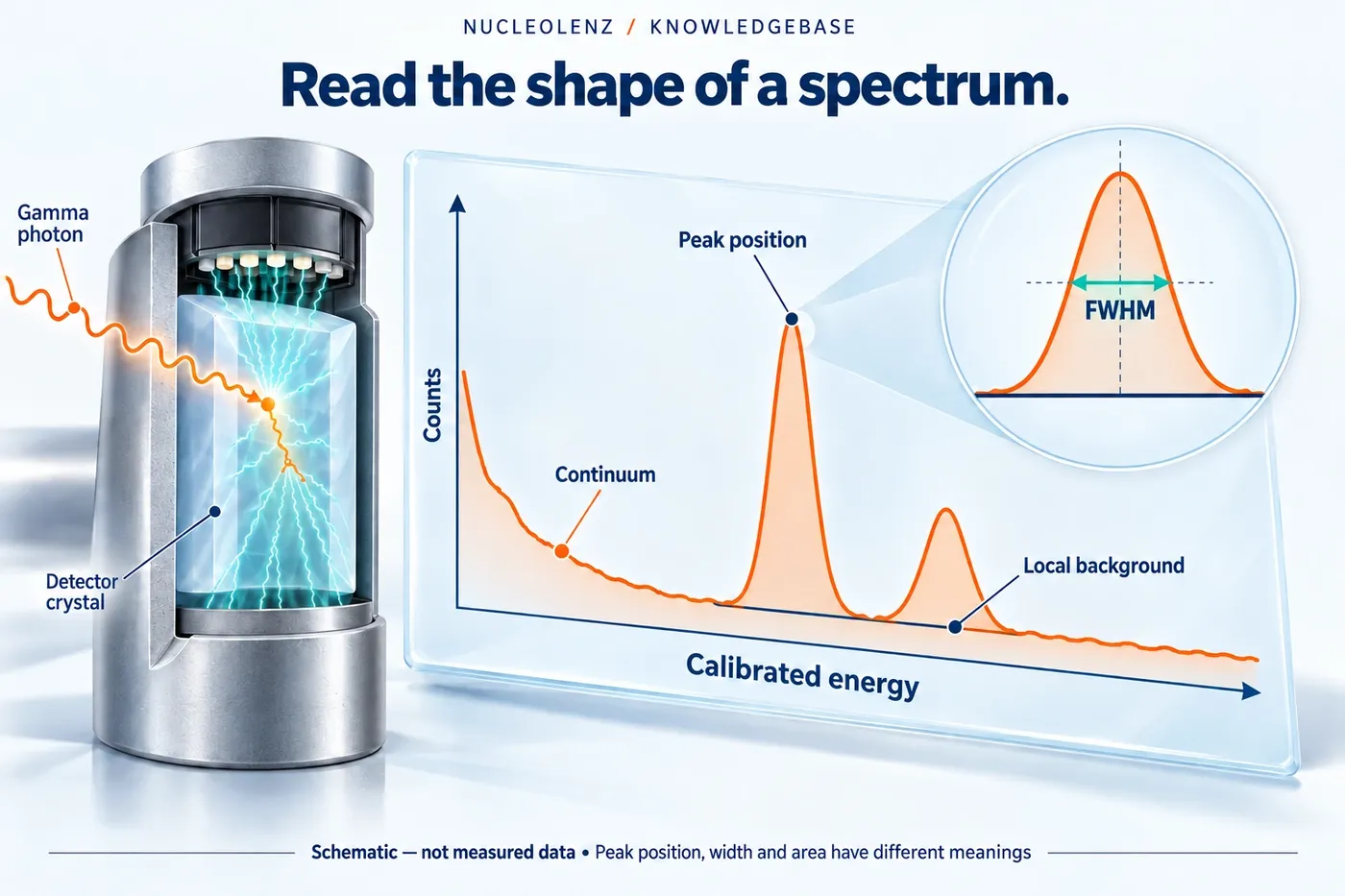Schematic gamma spectrum with counts versus calibrated energy, a peak and continuum, and a magnified peak width measured at half its net height above local background.