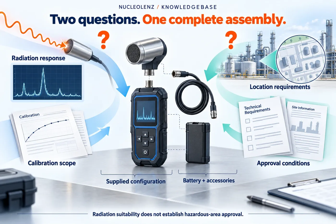 Exploded generic detector assembly with probe, cable and battery, assessed through separate radiation-response and industrial-location evidence routes.
