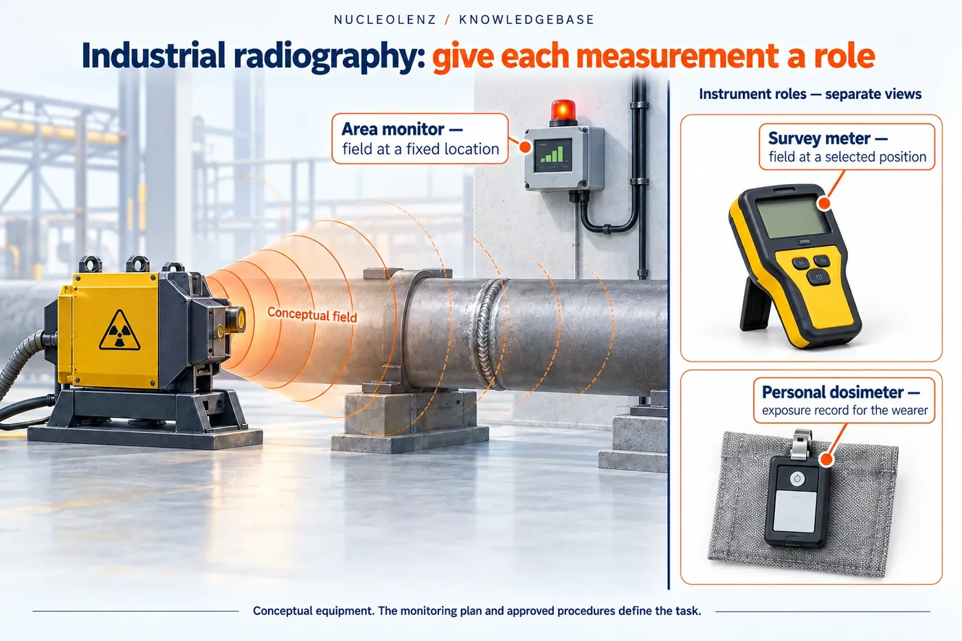Industrial pipe inspection with a fixed area monitor, plus separate close-up views of a survey meter and personal dosimeter. Each instrument answers a different measurement question.