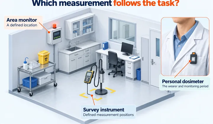 A cutaway workplace distinguishes a wall-mounted area monitor, a portable survey instrument at a defined point, and a personal dosimeter worn by a worker.