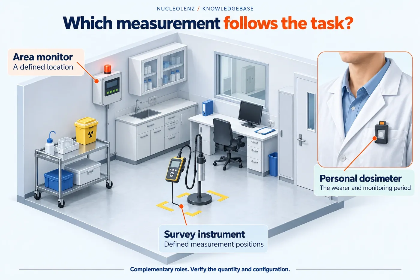 A cutaway workplace distinguishes a wall-mounted area monitor, a portable survey instrument at a defined point, and a personal dosimeter worn by a worker.
