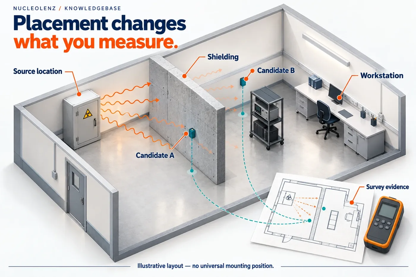 Isometric empty laboratory showing a source cabinet, shielding, workstation, two candidate detector locations and supporting survey evidence.