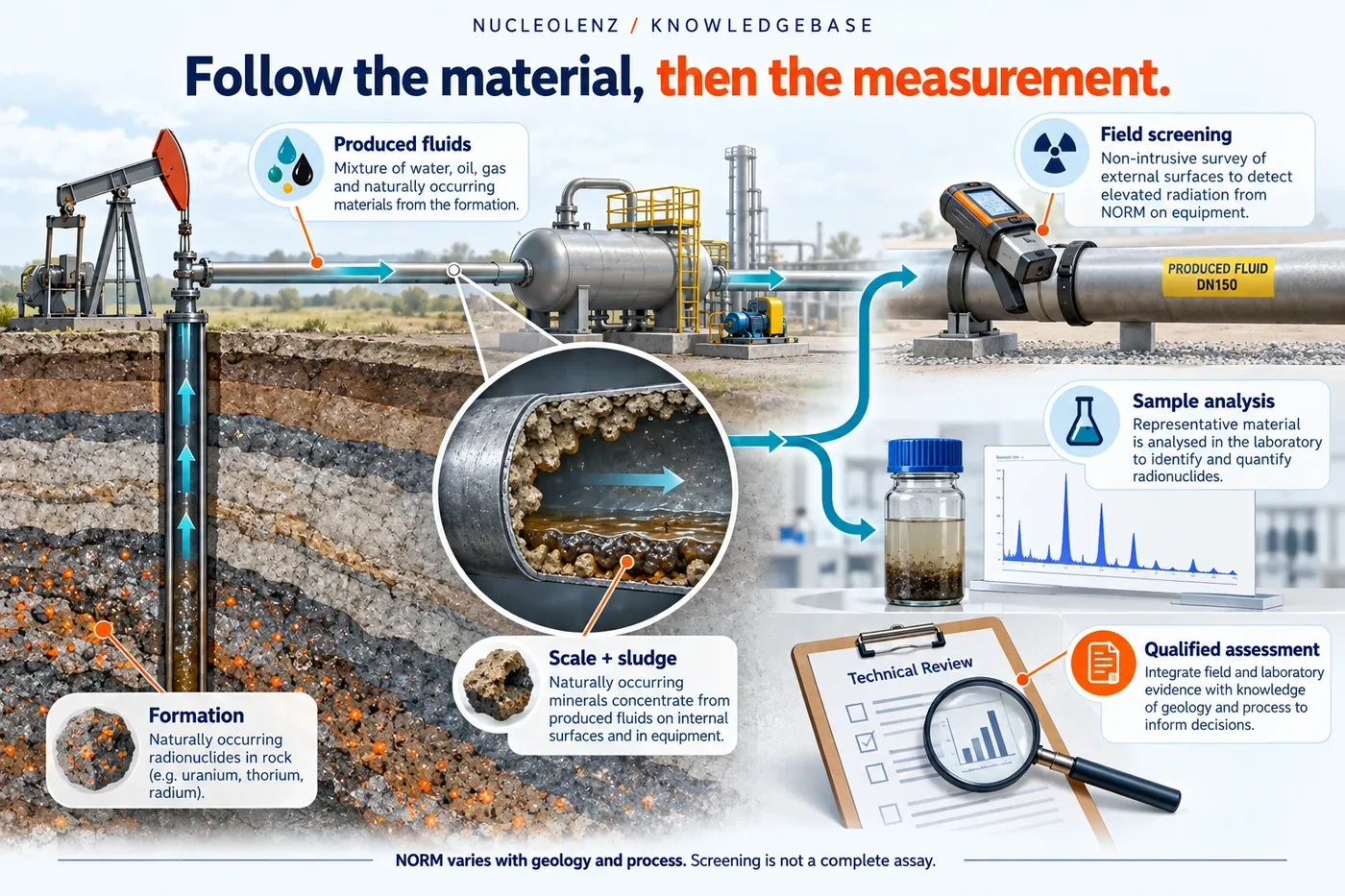 Cutaway tracing naturally occurring radionuclides from rock through produced fluids to scale and sludge, with separate field-screening and sample-analysis views.