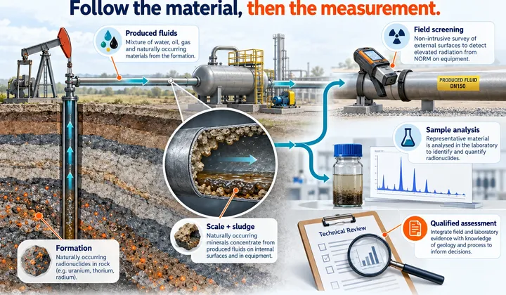 Cutaway tracing naturally occurring radionuclides from rock through produced fluids to scale and sludge, with separate field-screening and sample-analysis views.