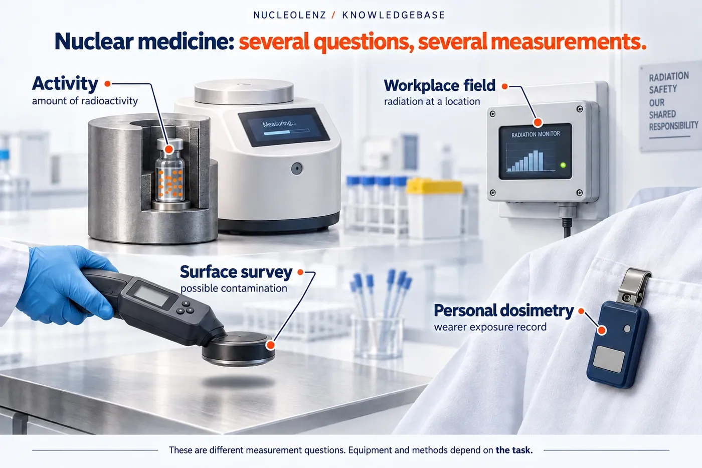 Illustrated nuclear medicine workplace: activity measurement, area monitoring, a noncontact surface survey and personal dosimetry answer different questions.