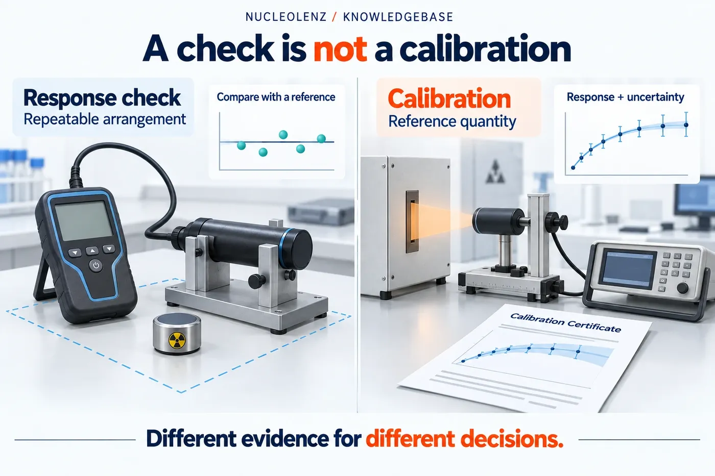 Laboratory comparison of a repeatable detector response check with calibration against a reference quantity and uncertainty.