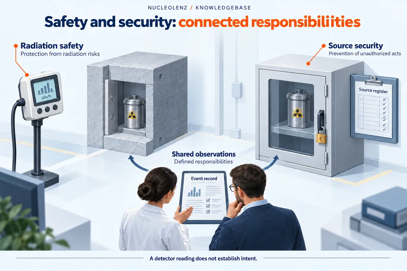 A split conceptual facility illustration connects radiation-protection monitoring and controlled material accountability through a shared factual event record.