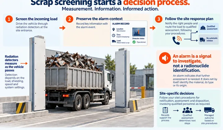 A scrap truck passes portal detectors. The illustrated workflow preserves alarm context and sends the event for qualified assessment under the site response plan.
