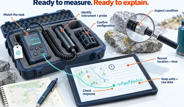 A survey meter, detector, cable and field notebook arranged as an illustrated readiness check, linking instrument identity and condition to a complete record.