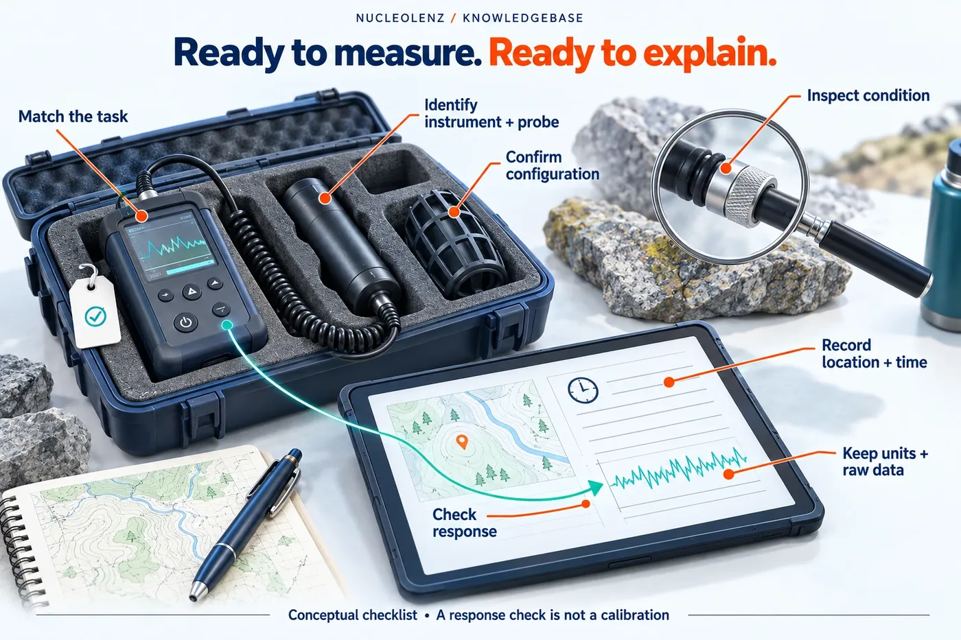 A survey meter, detector, cable and field notebook arranged as an illustrated readiness check, linking instrument identity and condition to a complete record.