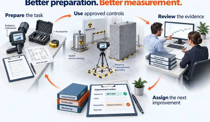 An illustrated work-planning loop connects a prepared instrument kit and briefing, a defined measurement position with controls, and a reviewed record with a documented improvement.