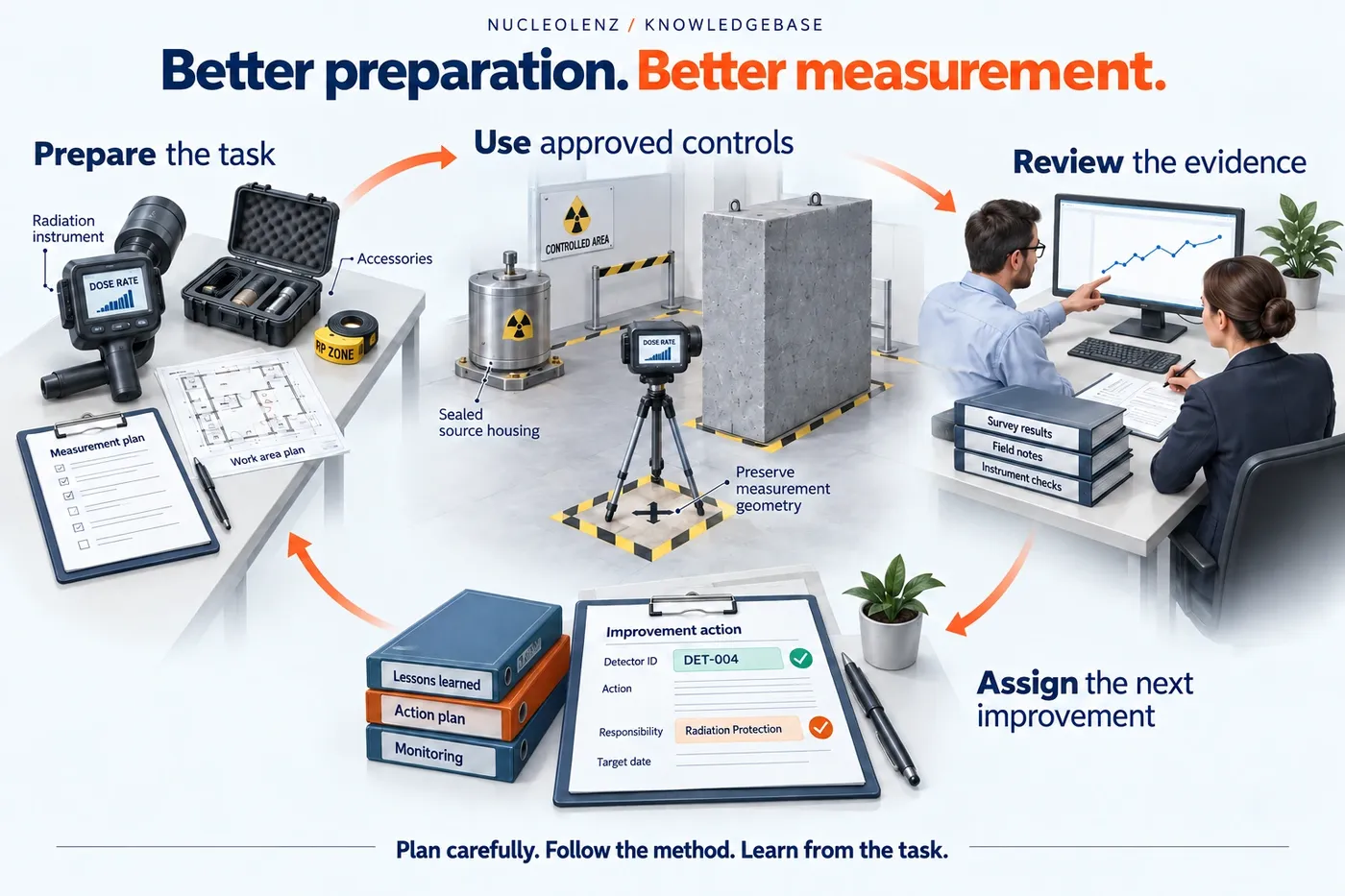 An illustrated work-planning loop connects a prepared instrument kit and briefing, a defined measurement position with controls, and a reviewed record with a documented improvement.