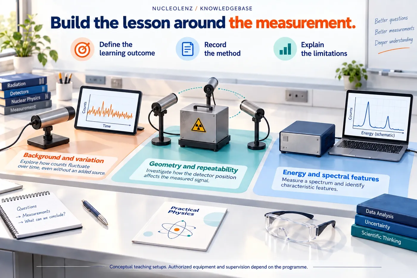 Conceptual teaching laboratory with stations for background variation, detector geometry and gamma spectra, linked to learning outcomes, method records and limitations.