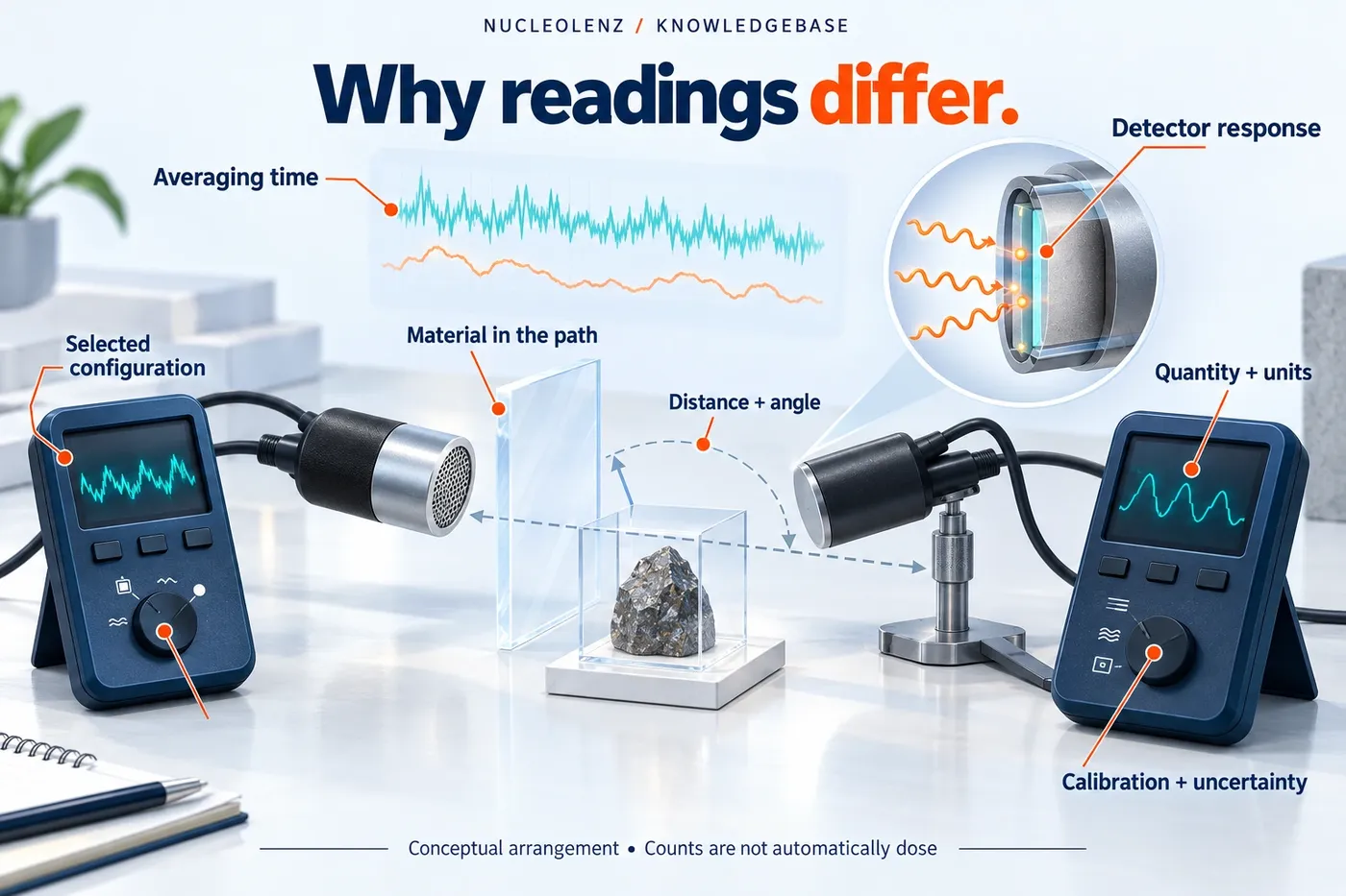 Two conceptual radiation instruments in one scene, with callouts for geometry, detector response, units, averaging, configuration and calibration.